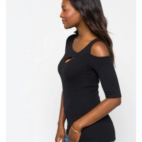 GOLDRAY Garima Black Asymmetric Cutout Cold Shoulder Top Small - Picture 4 of 8